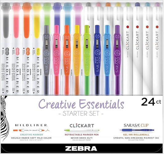 Zebra Pen Creative Essentials Starter Set 24-Pack, Includes 8 Mildliner Highlighters, 8 CLiCKART Markers and 8 Sarasa Clip Retractable Gel Pens, Assorted Ink Colors, Ideal For Journaling (76024)