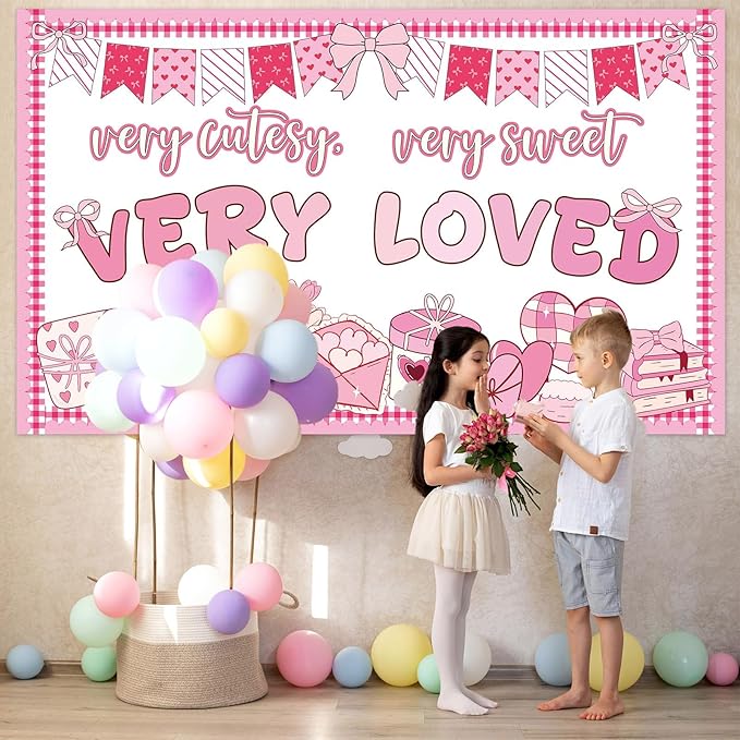 party greeting Valentines Day Bulletin Board Set Valentines Pink Bow Classroom Decorations Pink Theme Very Cutesy Sweet Loved Paper Cutouts Bulletin Board for School Office Home Wall Decor Supplies