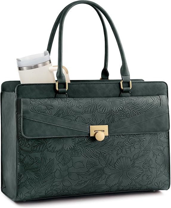 LOVEVOOK Laptop Tote Bag for Women - PU Leather Vintage Work Tote Bag,Waterproof Business Teacher Bag with Large Cup Holder