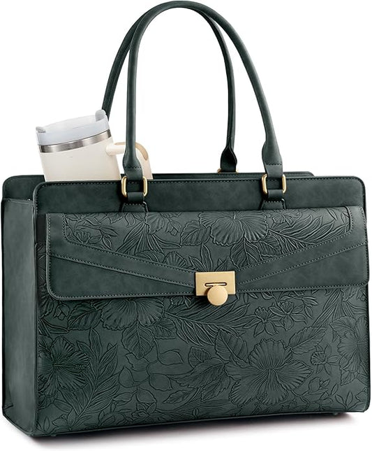 LOVEVOOK Laptop Tote Bag for Women - PU Leather Vintage Work Tote Bag,Waterproof Business Teacher Bag with Large Cup Holder