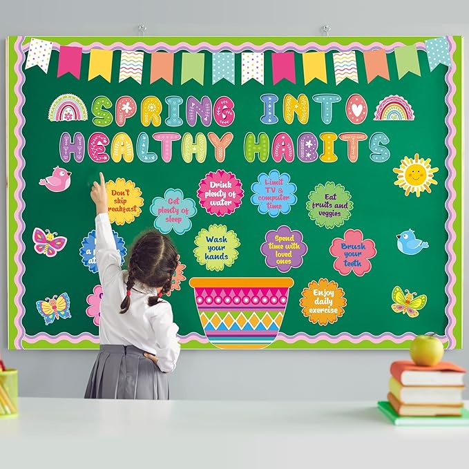 Honoson 74 Pcs Spring Bulletin Board Decorations Set Spring into Healthy Habits Paper Cutouts Colorful Flower Butterfly Birds Sunshine Bulletin Decor for School Classroom Wall Chalkboard Supplies