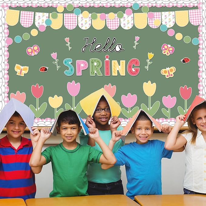Hello Spring Bulletin Board Decorations Tulip Cutouts Pink Floral Bulletin Board Set Spring Classroom Decor for School Classroom Office Chalkboard Wall Door Window Party Supplies