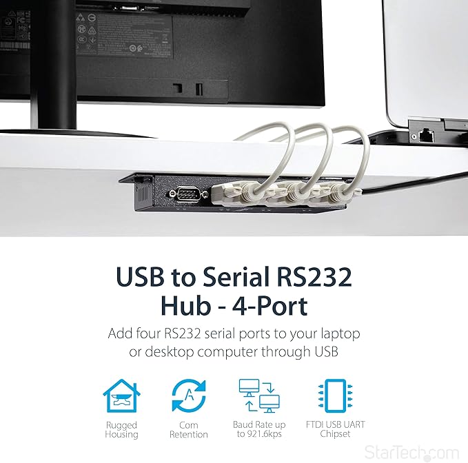 StarTech 4 Port USB to Serial RS232 Adapter - Wall Mount - Din Rail - COM Port Retention - FTDI USB to DB9 RS232 Hub, TAA (ICUSB2324I)