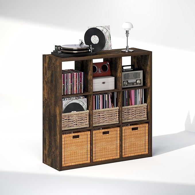 Furinno Cubicle Record Player Stand with Vinyl Storage, 9-Cube 1.2 Extra Thick Vinyl Record Storage, Open Back Media Shelf for CD DVD Blueray Game Disc, for Living Room, Home Office, Amber Pine