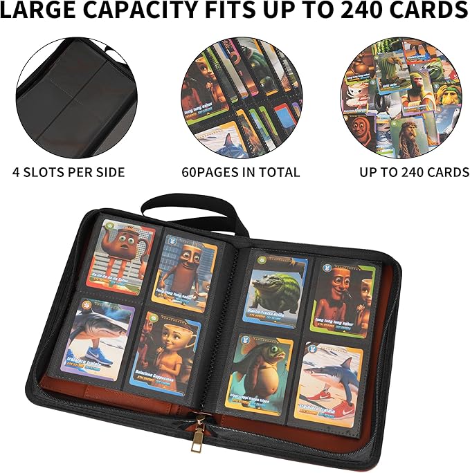 Wonderpool Card Binder A5 Album Zippered 4-Pocket Trading for 240 Cards - Leather PU Card Holder Collection Storage Folder, Side-Loading for Photo Pokemon, MTG, TCG, Yugioh, Sports Cards (Brown)