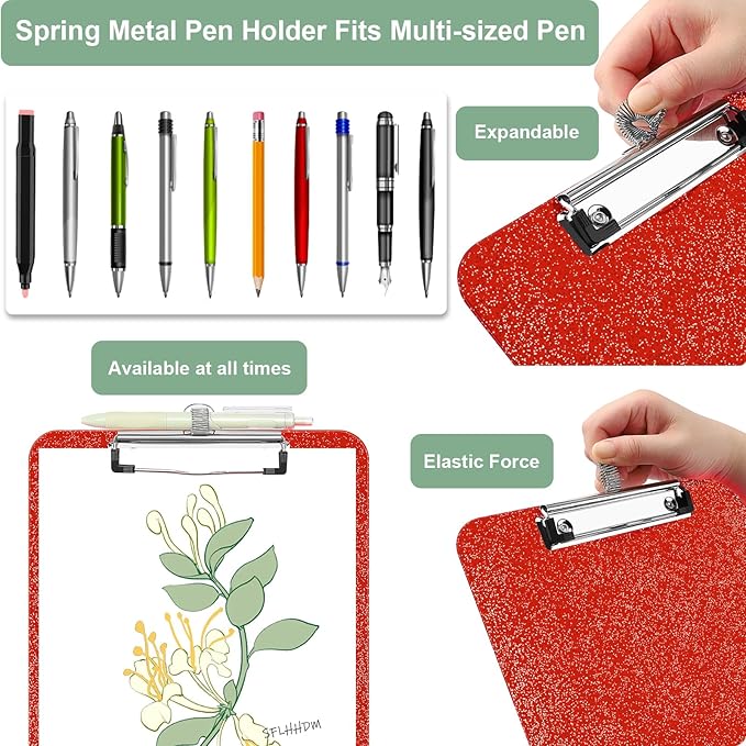 1 Pcs Clear Glitter Clipboards, Plastic Clipboard with Pen Holder,Size 8.85 x 12.4 in Shiny Clipboards with Low Profile Clip,Cute Hanging Clipboard for Office Supplies Sparkly Clip Board-Tangerine
