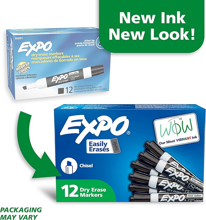 EXPO Dry Erase Markers, Low Odor Ink, Black, Chisel Tip, 12 Count - Whiteboard, Calendar, Organization, Essential Supplies for Office, School, Classroom, Teachers