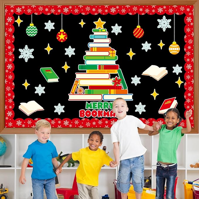 gisgfim Christmas Bulletin Board Decoration Set Christmas Book Tree Paper Cutouts Xmas Classroom Bulletin Board Decor for Xmas Winter Holiday School Door Reading Room Home Wall(Merry Bookmas)
