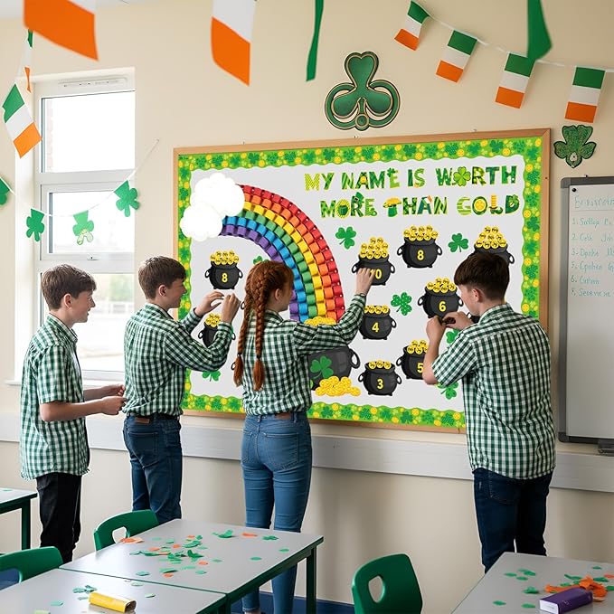 St. Patrick's Day Bulletin Board Shamrock Gold Coin Pot Paper Cutout Rainbow Clover Classroom Decor March Bulletin Board with Border for Irish Party Door Wall Classroom Home Office Supplies