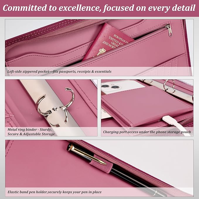 Leathario Portfolio Binder, Includes 5 Folder Index Dividers and 3 Notepads, 3-Ring Folder Organizer, Padfolio with Zipper, Vegan Leather Tablet Sleeve, Business Office Conference Clipboards