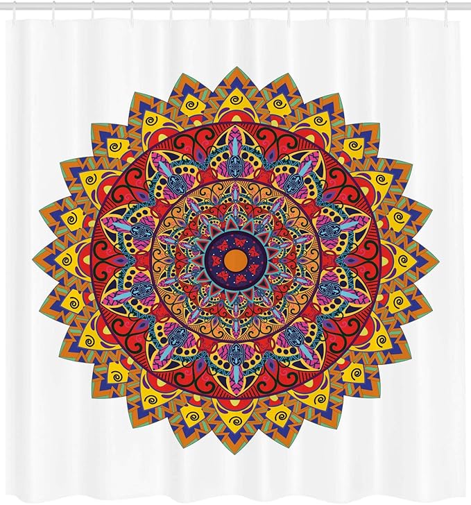 Ambesonne Ethnic Shower Curtain, Bohemic Hippie Design with Geometric Oriental Shapes Image Print, Cloth Fabric Bathroom Decor Set with Hooks, 69" W x 70" L, White