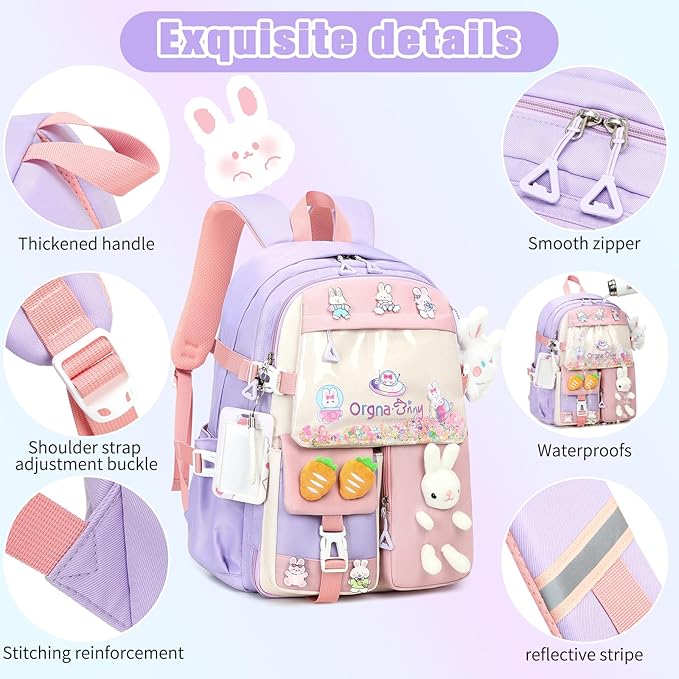 Backpack for Girls Cute Bookbag Set with Lunch Box Pencil Case Kawaii Bunny School Backpacks for Girl 3 Pcs Kindergarten Elementary Preschool Middle Sequin School Bag for Girls