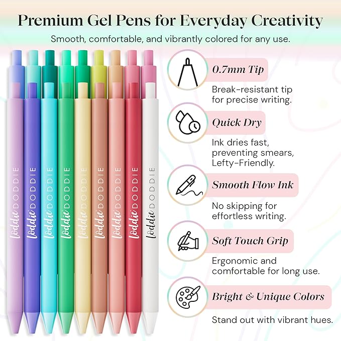 Loddie Doddie Retractable Colored Gel Pens - Pack of 18, 0.7 mm, Pastel - Smooth Glide Writing with Fine Tip Pens - For Bullet Journal Supplies & Planner Stencils - Pastel Palette & Fine Line Markers