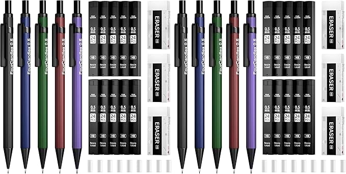Four Candies Metal Mechanical Pencils 0.5, with #2 Pencil Leads 0.5mm, Eraser Set and Eraser Refills, 19-Count Pack with Case, Back to School Supplies for Writing, Drafting, Drawing (Pack of 2)