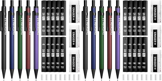 Four Candies Metal Mechanical Pencils 0.5, with #2 Pencil Leads 0.5mm, Eraser Set and Eraser Refills, 19-Count Pack with Case, Back to School Supplies for Writing, Drafting, Drawing (Pack of 2)