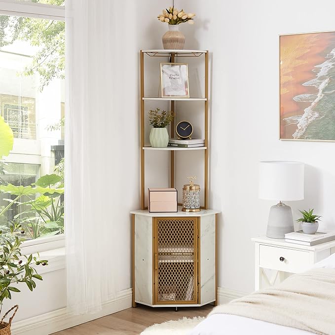 VECELO Corner Cabinet, Tall Storage Shelf, Bookshelf Display Shelves Rack for Living Room, Kitchen, Balcony, Small Space