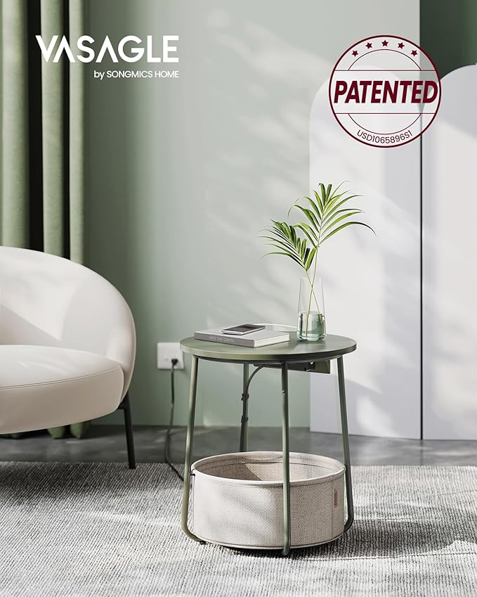 VASAGLE LILEA Collection - Side Table with Charging Station, Round End Table with Fabric Basket, Nightstand with USB Ports, for Living Room, Bedroom, Modern, Forest Green and Cream White ULET228C04