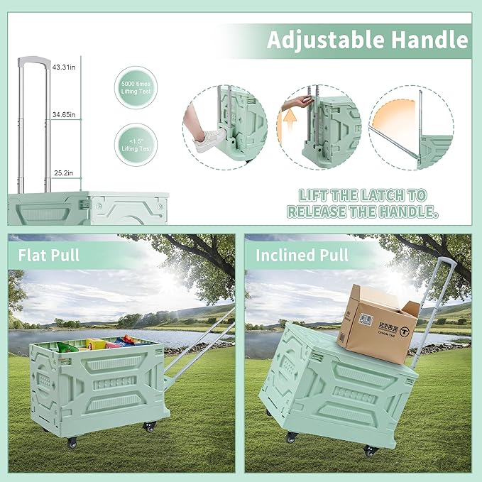 VECELO Foldable Shopping Cart with Wheels, Collapsible Rolling Crate for Groceries, Folding Storage Box with Handle, Three Modes of Use, Ideal for Teacher, Trip, Outdoors, Etc., 23GAL, Green
