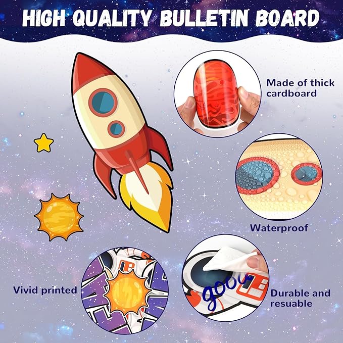 Outer Space Bulletin Board Decoration Set Space Themed Decor Back to Astronaut DIY Photo Craft Paper Cutouts Galaxy Borders Solar System Planet Spaceship Themed Party Supplies
