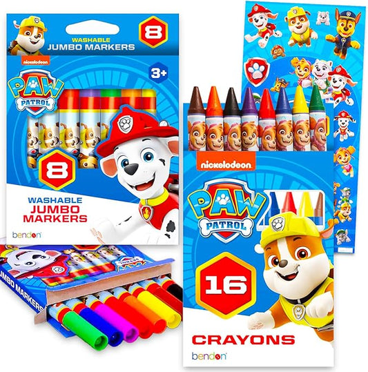 Paw Patrol Coloring Set - Bundle with 8 Markers and 16 Crayons for Coloring, Crafts, Drawing, and More | Paw Patrol School Supplies for Kids