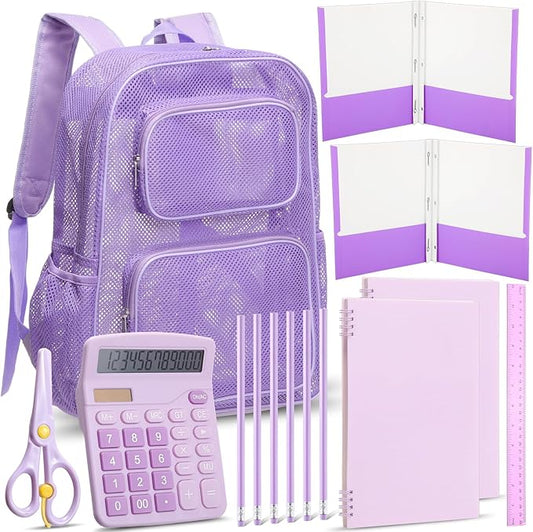 13 Piece Operation Christmas Bulk Item, 17" Mesh Backpack Semi Transparent Heavy Duty, Notebook for Holiday Donation(Purple)
