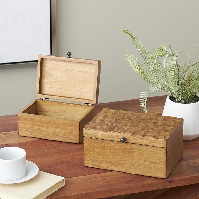 Deco 79 Wood Geometric Decorative Box Textured Concave Honeycomb Storage Decorative Keepsake Boxes with Black Knobs, Set of 2 Storage Boxes 10", 8"W, Brown