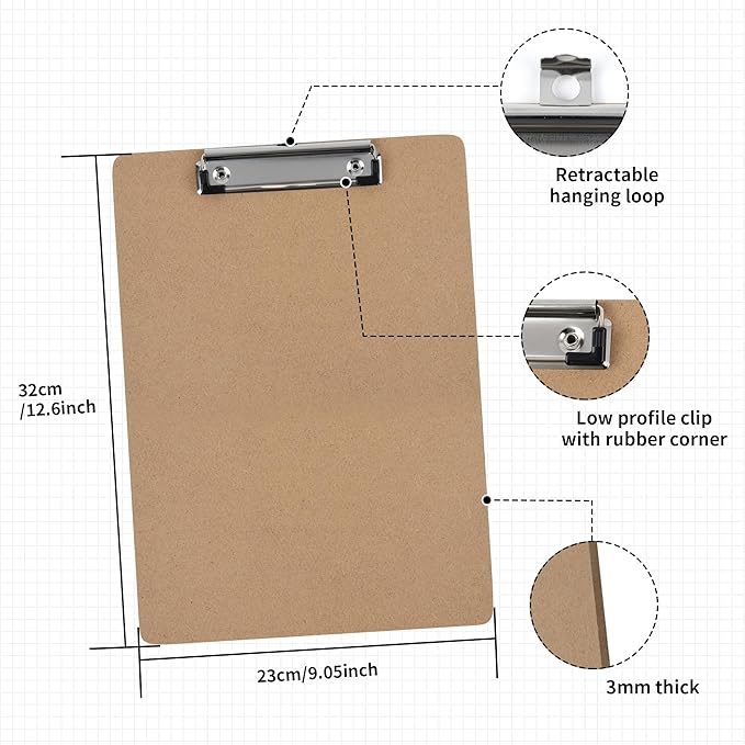 Clipboards 20 Pack Letter Size 9" x 12.5" Clipboards Bulk, Wooden Hardboard A4 Clip Boards Pack for 8.5" x 11" Paper with Low Profile Clip, Hanging Loop for Office Home Classroom