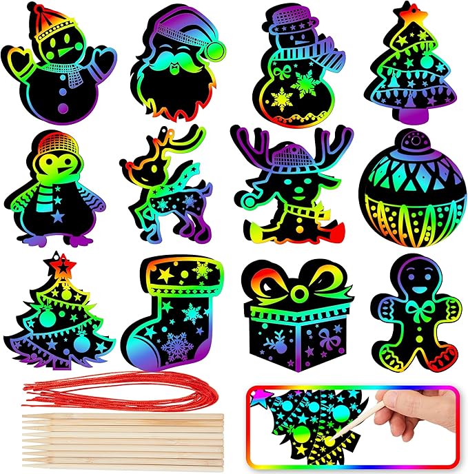 JOYIN 72 Pcs Christmas Scratch Art Ornaments, Rainbow Color Scratch Paper Craft Kit Include Snowman, Christmas Tree, and Reindeer, Scratch Off Hanging Ornament for Kids Party Favor