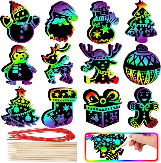 JOYIN 72 Pcs Christmas Scratch Art Ornaments, Rainbow Color Scratch Paper Craft Kit Include Snowman, Christmas Tree, and Reindeer, Scratch Off Hanging Ornament for Kids Party Favor