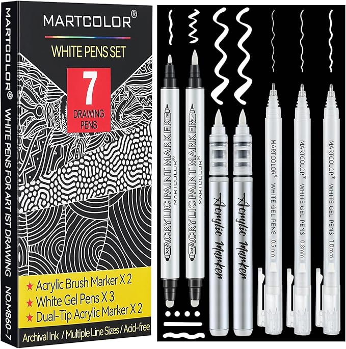White Pens Set, 05/08/10mm Assorted Tip Opaque White Gel Pens Dual-Tip Acrylic Paint Pen Brush Tip Acrylic Markers for Black Paper Drawing, Sketching, Illustration, Card Making, 7 Pack