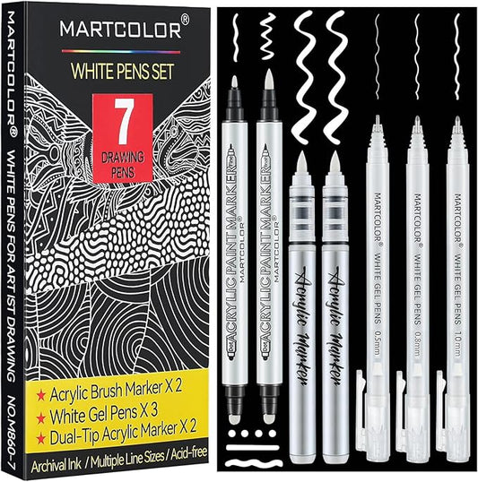 White Pens Set, 05/08/10mm Assorted Tip Opaque White Gel Pens Dual-Tip Acrylic Paint Pen Brush Tip Acrylic Markers for Black Paper Drawing, Sketching, Illustration, Card Making, 7 Pack