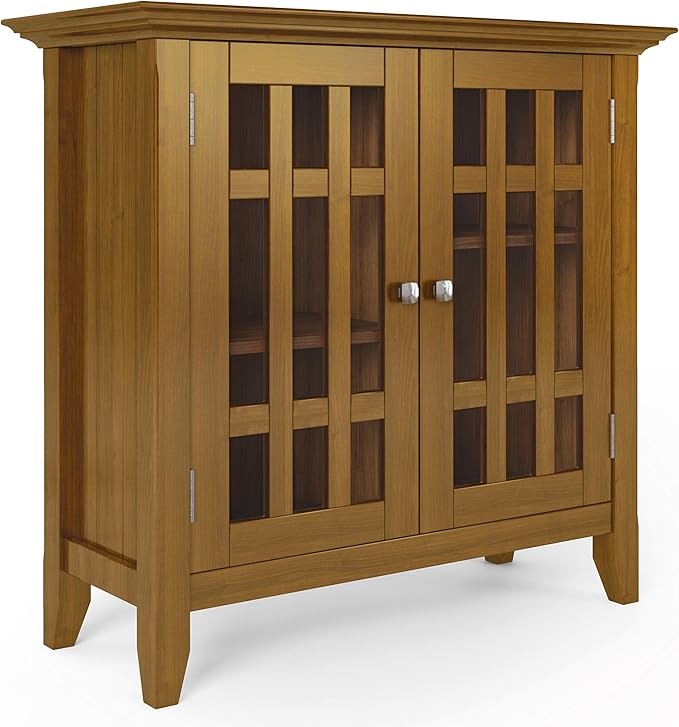 SIMPLIHOME Bedford Storage Cabinet - 32 inch Wide Solid Wood Low Media Cabinet in Light Golden Brown, Transitional Console for Living Room, Entryway, or Dining Room with Glass Doors and Shelves