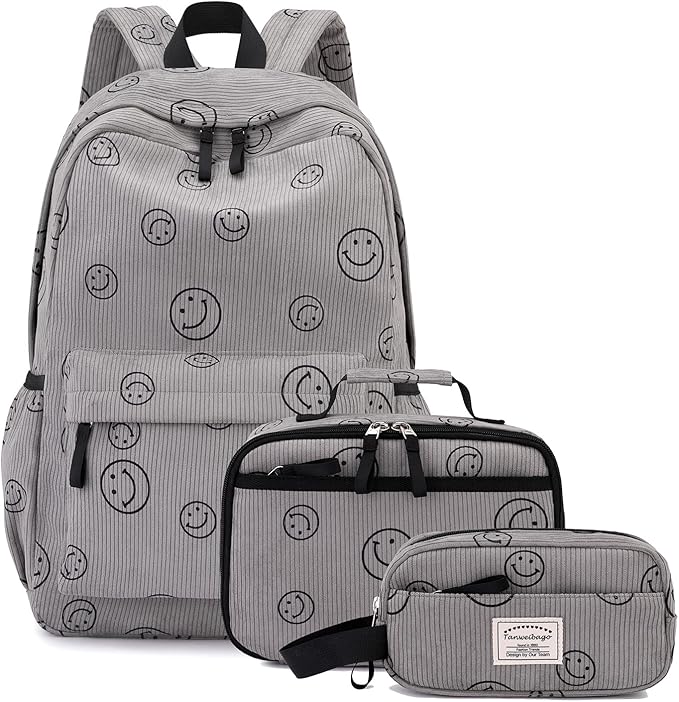 Backpack for Girls Boy Teen Corduroy Bookbags Elementary Middle High School Women Laptop Bag with Lunch Box Pencil Bag (Smile Grey)