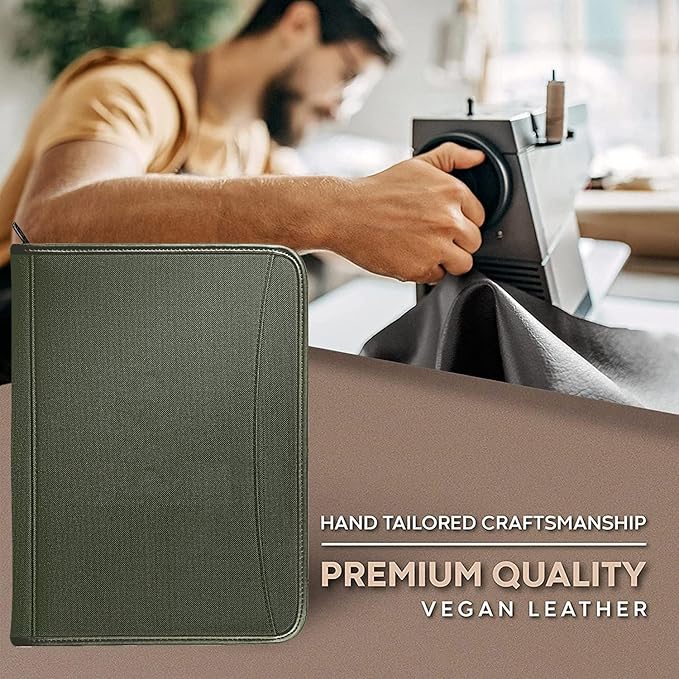 Zippered Portfolio Organizer/ A4 Refillable Lined Writing Notepad Folder Case/Fabric-Covered Padfolio Binder with Interior Storage Pocket for Men Women.Dark Olive