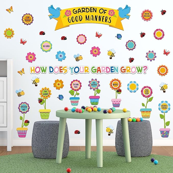 Large Spring Bulletin Board Flowers Decorations Classroom Garden of Good Manners Positive Bulletin Board Set Spring Butterfly Flowers Bee Cutouts Wall Decals for Teachers Classroom School Kids Decor