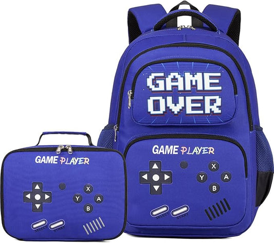 Kids Backpack Boys Gamer Backpack with Lunch Box Kindergarten Elementary Middle School Travel Sport Gaming Bookbag for Boys Girls Ages 4-14, Gamer Blue