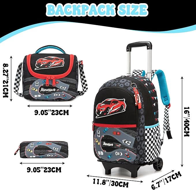 Boys Rolling Backpack for Kids 8-12 Trolley School Bag with Wheels Travel Backpack for Kids with Lunch Bag Set Back to School Supplies