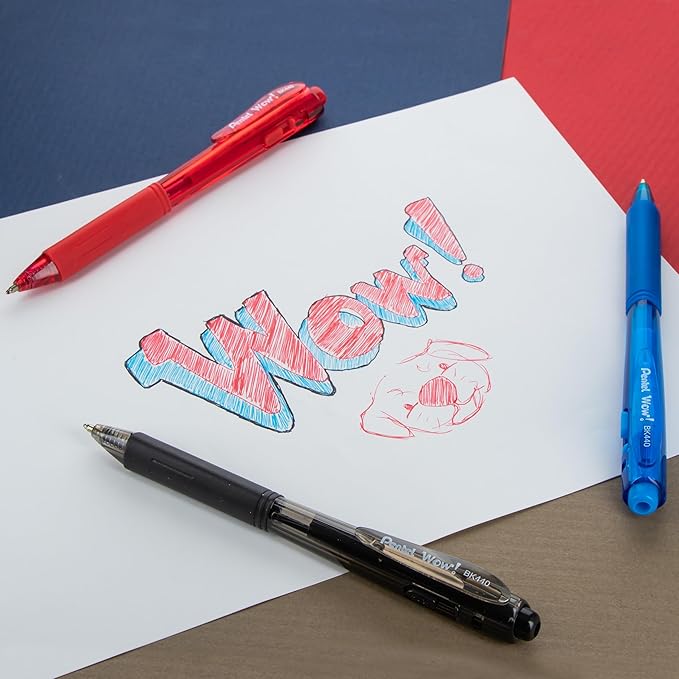 Pentel Wow! Retractable Ballpoint Pen, (1.0mm), Medium Line, Red Ink, Box of 12 (BK440-B)
