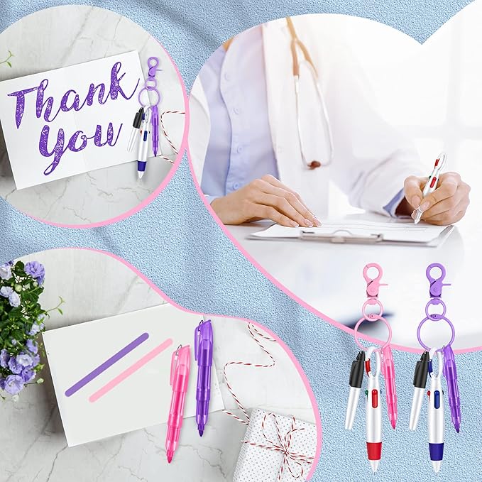 Sabary Mini Highlighter Nurse Pen Pack Set Nurse Pens for Badge Include Pink and Purple Tip Highlighter 2 Permanent Marker and 2 Retractable Ball with 2 Keychain Clip(Pink, Purple)
