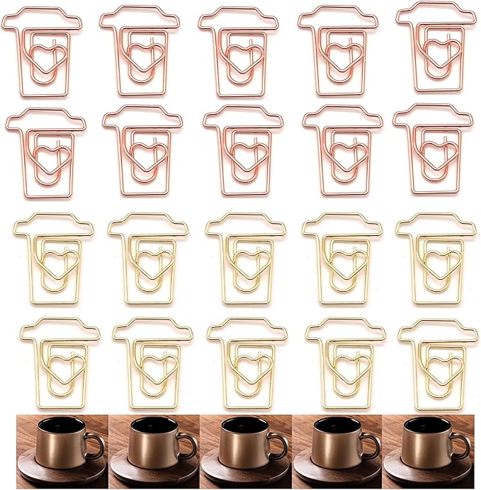 30Pcs Metal Coffee Cup-Shaped Paper Clips Set-Fun and Cute Paperclips for Document Organization and Party/Event Decorations in Rose Gold and Gold