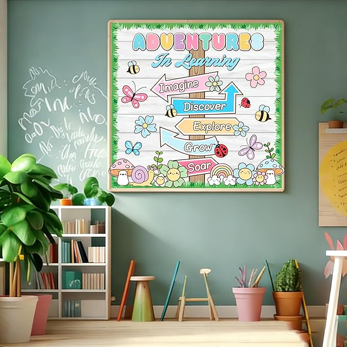 Spring Bulletin Board Adventures in Learning Classroom Decoration Spring Flower Signpost Paper Cutouts Spring Bulletin Board Set for Teacher Classroom School Office Chalkboard Wall Supply