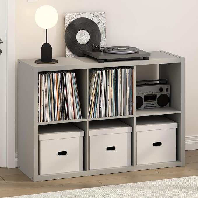 Furinno Cubicle Record Player Stand with Vinyl Storage, 6-Cube 1.2 Extra Thick Vinyl Record Storage, Open Back Media Shelf for CD DVD Blueray Game Disc, for Living Room, Home Office, Light Grey