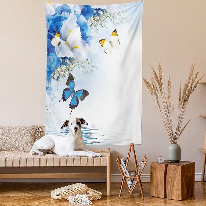 Ambesonne Floral Tapestry, Nature Theme Wild Flowers Monarch Flying Butterflies Lily on Lake Therapy Spa, Wall Hanging for Bedroom Living Room Dorm Decor, 60" X 80", Purple Blue