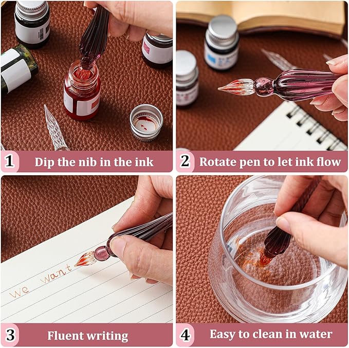 Zonon 6 Pieces Handmade Glass Dip, Crystal Glass Signature Calligraphy Vintage Dip Ink Pen Borosilicate Present Pen for Writing Drawing Decoration(Pink Color,Classic Style)