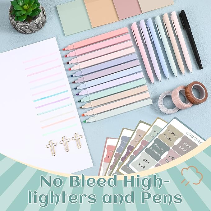 137 Pcs Bible Study Supplies Journaling Kit 1 Pencil Case 12 Highlighters 4 Sticky Notes 6 Gel Pens 35 Paper Clips 3 Tapes 1 Markers 75 Tabs for Christmas Bible School Gifts(Morandi Color)