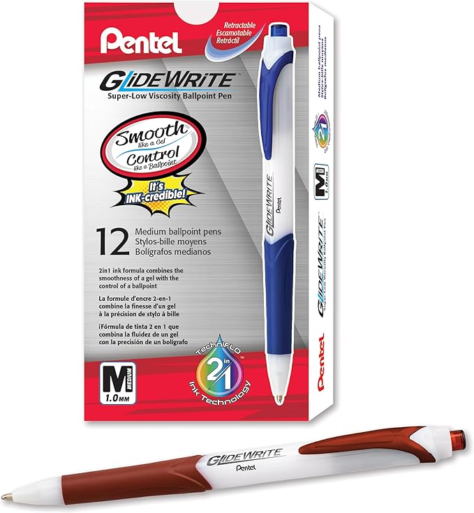 Pentel GlideWrite Ballpoint Pen with TechniFlo Ink, (1.0mm) Medium Line, Brown Ink, Box of 12 (BX910-E)