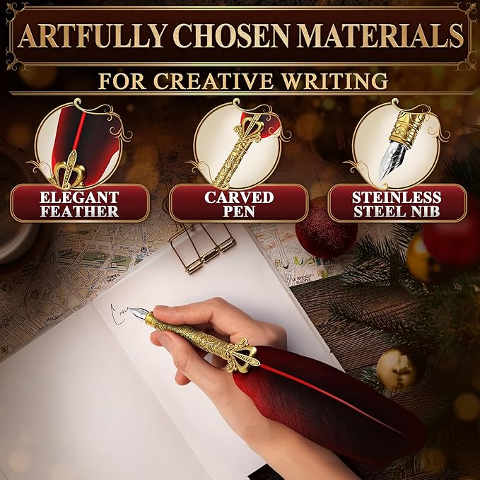 Red Feather Quill Pen and Ink Set - 11.4" Antique Feather Pen and Ink Set with Stainless Steel Nib for Calligraphy Practice, Drawing & Signatures - Designed for Beginners and Calligraphy Enthusiasts
