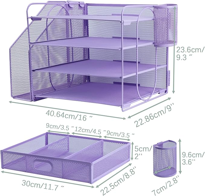 4 Tier Desk File Organiser with Extra Vertical File Sorter, Paper Letter Tray with Top Stationery Drawer Holder, A4 Paper Desktop Filing Trays, Magazine Document Holder for Home Office, Purple