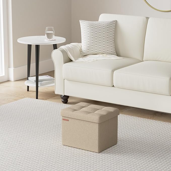 SONGMICS MAZIE Collection - Small Folding Storage Ottoman, Foot Rest Stool, 12.2 x 16.1 x 12.2 Inches, 286 lb Load Capacity, for Living Room, Bedroom, Home Office, Dorm, Light Taupe ULSF102K01