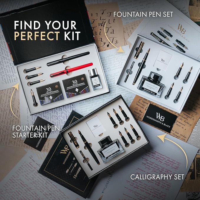Wordsworth and Black Fountain Pen Set - Black - Includes 2 Pens, 18 ML Ink Bottle, 60 Ink Cartridges, A Refill Converter, 1 Medium and 4 Broad Nibs, Brush Pen - Fountain Pen Kit for Beginners